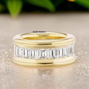 4X3 mm Emerald Cut Moissanite Wedding Band, Classic Wide Band, Channel Set Stacking Band, 14k Yellow Gold Everyday Wear Band, Gift For Her