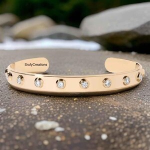 Bold Statement Cuff Bangle, 3.5mm Round Cut Bezel Set Flush Set Open Shank Bracelet, 18k Yellow Gold Decorative Architectural Design Bangle