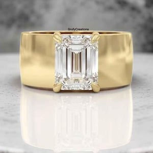 Unique 2.00 CT Emerald Cut Moissanite Engagement Ring, Solitaire Diamond Ring, 18K Yellow Gold Ring, Cigar Band Ring, Claw Prong Set Ring