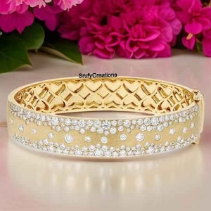 Diamond Are Heavily Patterned On The Edges, Beautiful Diamond Scatter Wide And Flat Bracelet, 14k Yellow Gold Lab Grown Round Diamond Bangle