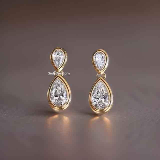 4.5 TCW Pear Cut Moissanite Diamond Drop Earrings, Double Bezel Set Design Tear Drop Screw Back Earrings, 10k Yellow Gold Gorgeous Earrings