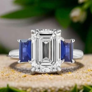 5 CT Emerald Cut Moissanite Ring, Matching Side 2 Blue Sapphire Emerald Cut Gemstone Engagement Ring, Three Stone Women&#39;s Wedding Ring