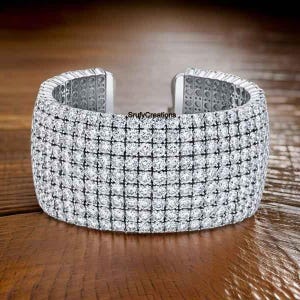 Multiple-Row 2.8mm Round Cut Moissanite Diamond Cuff Bracelet, Flexible 11 Row Cuff Style Bracelet, 18k White Gold Party Wear Wide Bangle