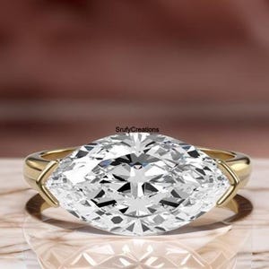 East To West 2.50 CT Marquise Cut Moissanite Engagement Ring, Half Bezel Setting Solitaire Ring, 14K Yellow Gold Ring, Women&#39;s Promise Ring