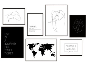 Poster set black and white | Picture set line art animals abstract decoration living room bedroom hallway | Hyggelig Home poster set without frame