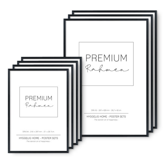 Premium Rahmen Set schwarz – 7 hochwertige Bilderrahmen aus Holz - 3 x DIN A3 + 4 x DIN A4 -  passend für 7er Poster Set Hyggelig Home