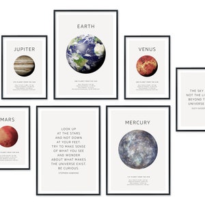 Conjunto de carteles Planetas | Imágenes establecer espacio | Murales Tierra Marte Júpiter Luna Habitación Infantil Niños | Set de carteles Hyggelig Home sin marco