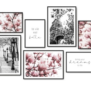 Conjunto de carteles Primavera | Imágenes establecidas de color rosa | Cuadros de pared decoración salón dormitorio pasillo | Set de carteles Hyggelig Home con y sin marco