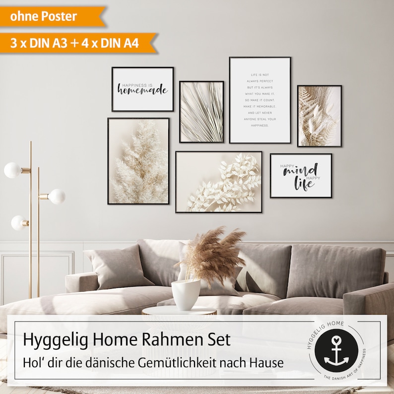 May include: A set of seven framed prints with a neutral color palette. The prints feature text and abstract botanical illustrations. The prints are arranged on a wall above a beige couch. The text on the prints reads "Happiness is homemade", "Life is not always perfect but it's always what you make it. So make it count and make it memorable. And let never anyone steal your happiness", "Happy mind happy life", and "Hyggelig Home The Danish Art of Happiness".
