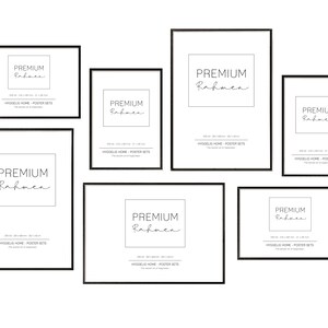 May include: A set of six black picture frames with the text "PREMIUM Rahmen" and "HYGGELIG HOME - POSTER SETS" printed on each frame. The frames are of various sizes.