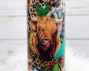 Ready to ship/Highland Cow Tumbler/Turquoise Glitter Cup/Gift for mom/Gift for her/Cheetah Print tumbler/Western Epoxy Tumbler