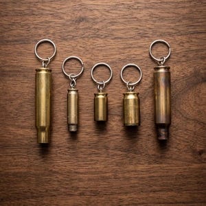 May include: Five brass bullet casing keychains of varying lengths and diameters, each featuring a silver-toned metal split ring attached to the top. The casings exhibit a metallic gold finish with subtle variations in color and texture.