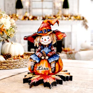 Personalized Fall Scarecrow Shelf Sitter – Solid Pine Wood, Autumn Decor