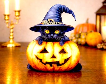 Personalized Halloween Black Cat Shelf Sitter, Whimsical Fall Decor
