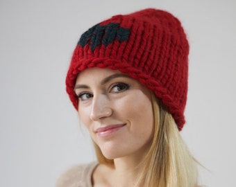 KNITTED WOMAN'S HAT|. Hand Knitted Warm Hat| Trendy Hand Embroidered| Hart Embroidered|