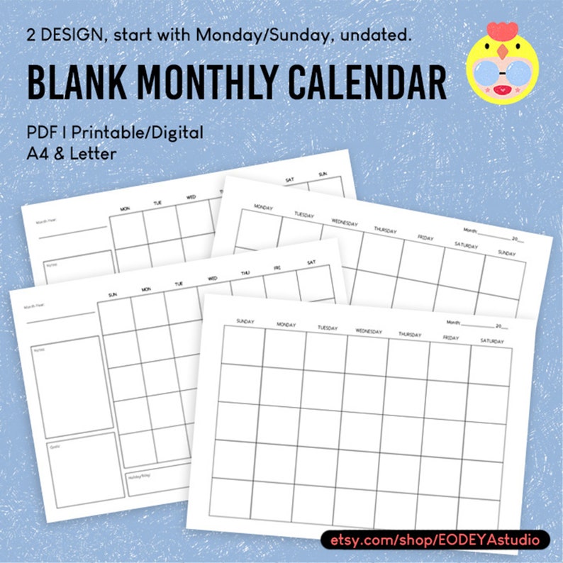 Blank Monthly Calendar Printable Planner Journal Notebook Essential