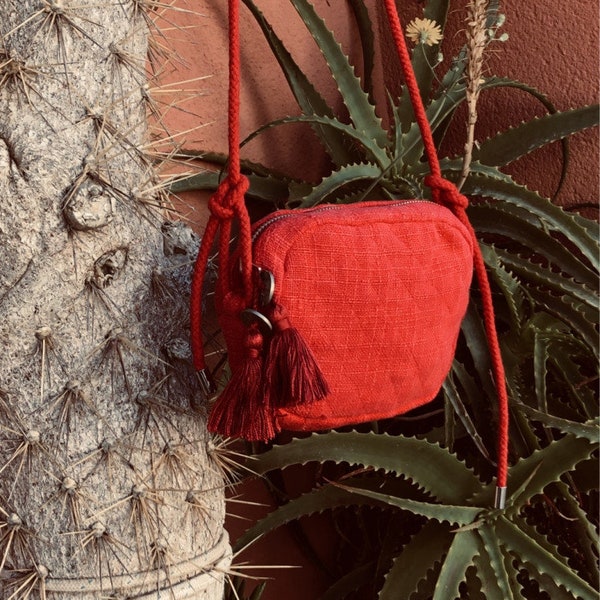 crossbody Tasche, Umhängetasche, Urlaubstasche, mini, rot, boho Stoff