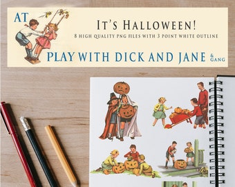 以下が含まれることがあります： ハロウィーンをテーマにした8つのイラストのセット。コスチュームを着てカボチャを持っている子供たちが描かれています。イラストはヴィンテージスタイルで、スクラップブッキング、カード作り、その他のクラフトプロジェクトに最適です。画像には「It's Halloween!」「Play with Dick and Jane & Gang」というテキストが含まれています。