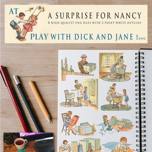 Puede incluir: Una descarga digital con ilustraciones vintage con el texto "A Surprise for Nancy" y "Play with Dick and Jane & Gang". La imagen incluye un cuaderno, lápices y una taza de té.