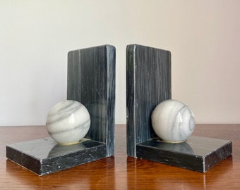 Mid Century marble book ends | vintage monochrome home decor | grey and white ball sphere detail bookends