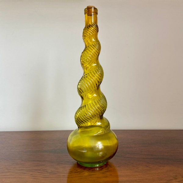 Vintage Shonfeld's glass twisted genie bottle | yellow coated | spiral decanter vase