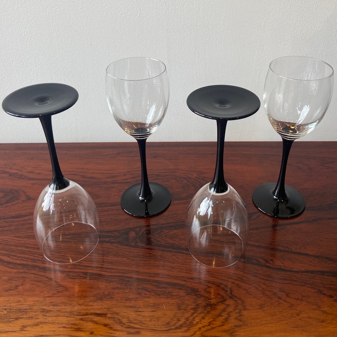 A set of four vintage black stemmed wine glasses Luminarc Etsy