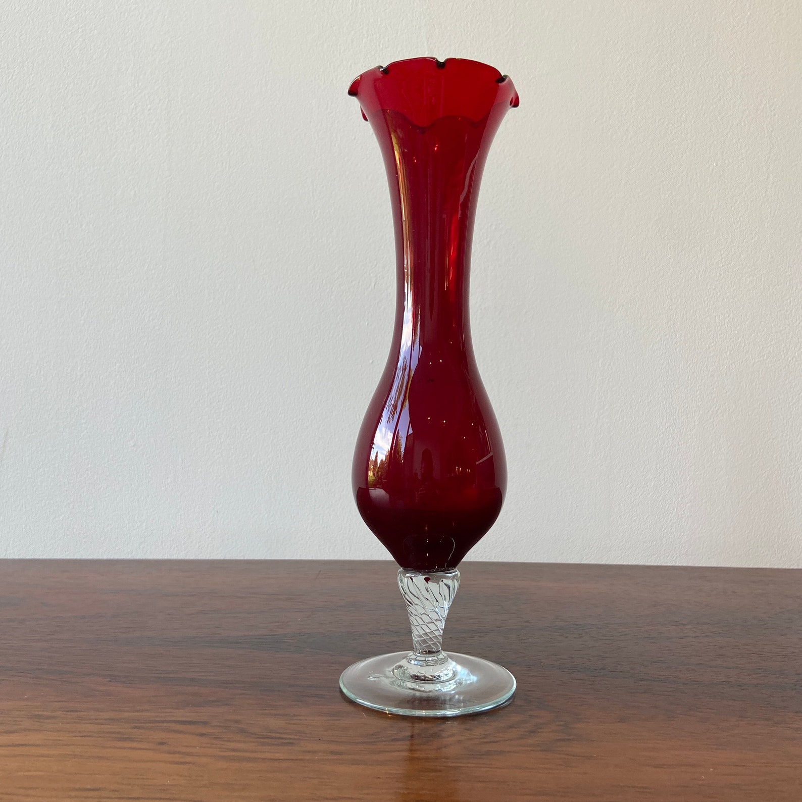 Vintage red fluted glass vase mid century twisted stem bud Etsy