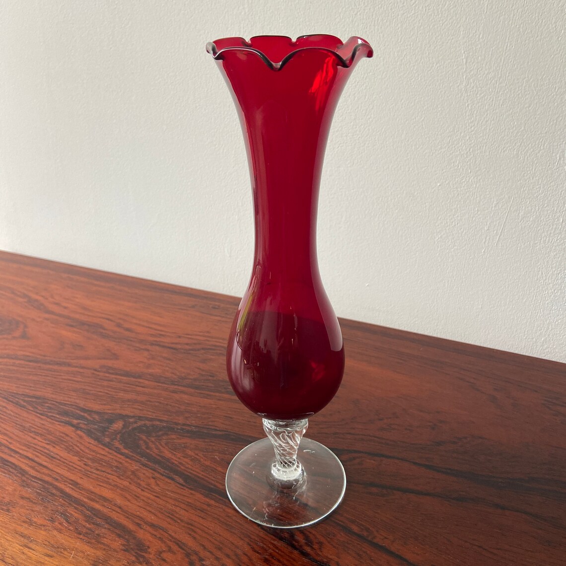 Vintage red fluted glass vase mid century twisted stem bud Etsy
