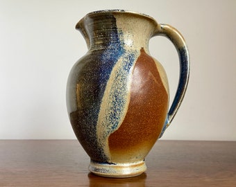 Vintage stoneware jug in blues and browns | handmade glazed pitcher | neutral home decor | vase