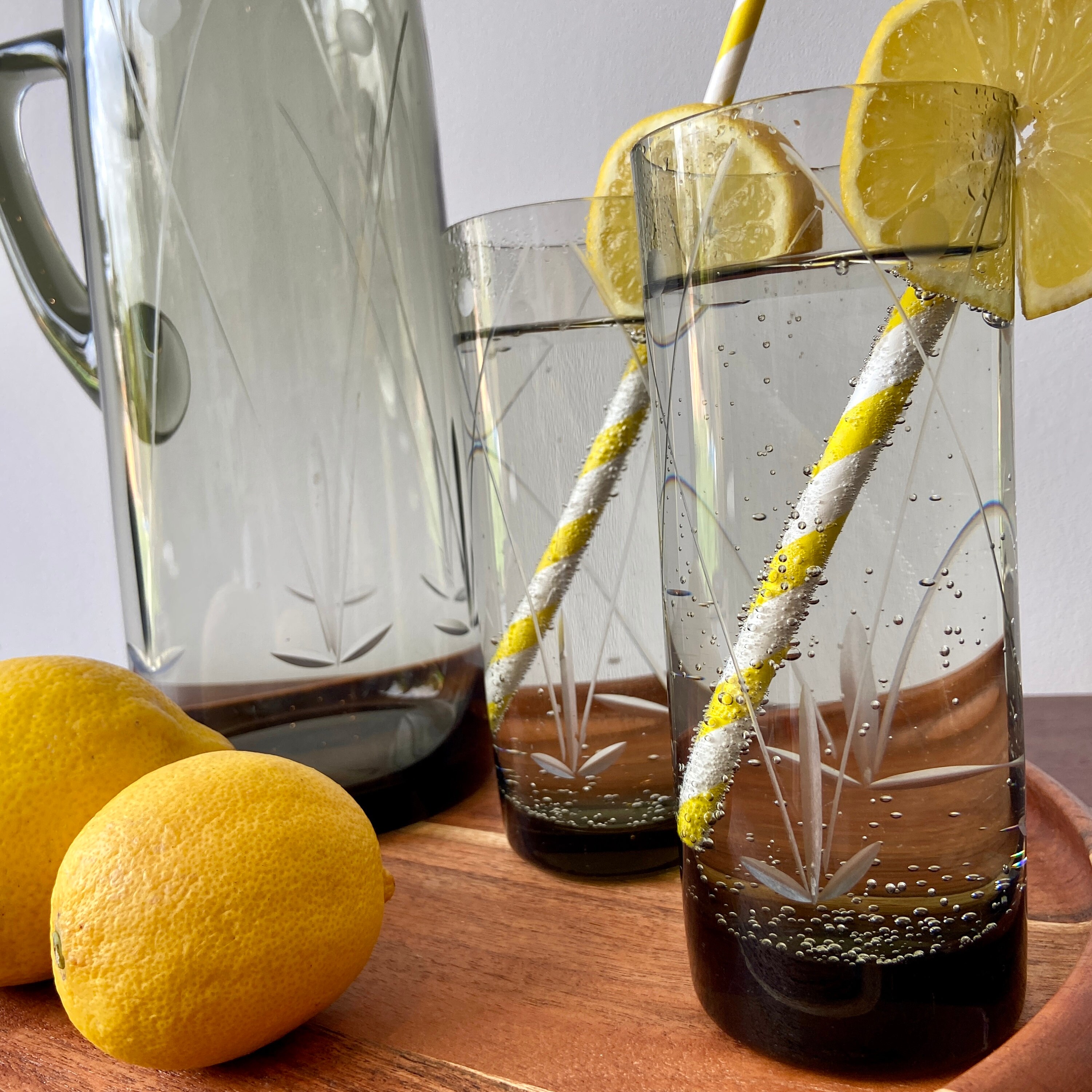 1970s smoked and etched glass lemonade jug with two matching Etsy