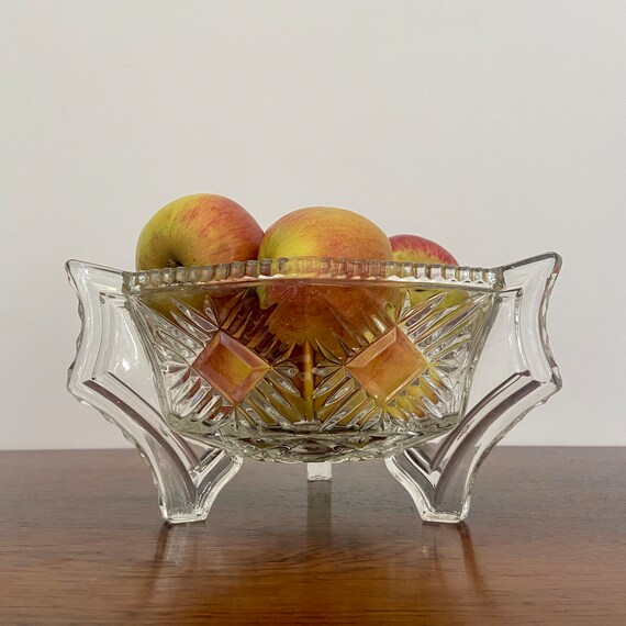 Vintage Glass Fruit Bowl Thick Pressed Glass Tripod Bowl Etsy UK