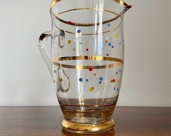 Large vintage 1970s party jug | multi coloured polka dot and gold gilded glass pitcher