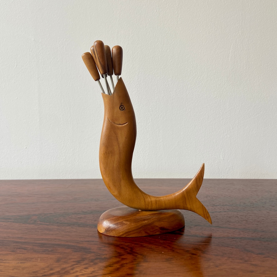 Wooden fish holding 6 cocktail sticks / olive picks teak Etsy