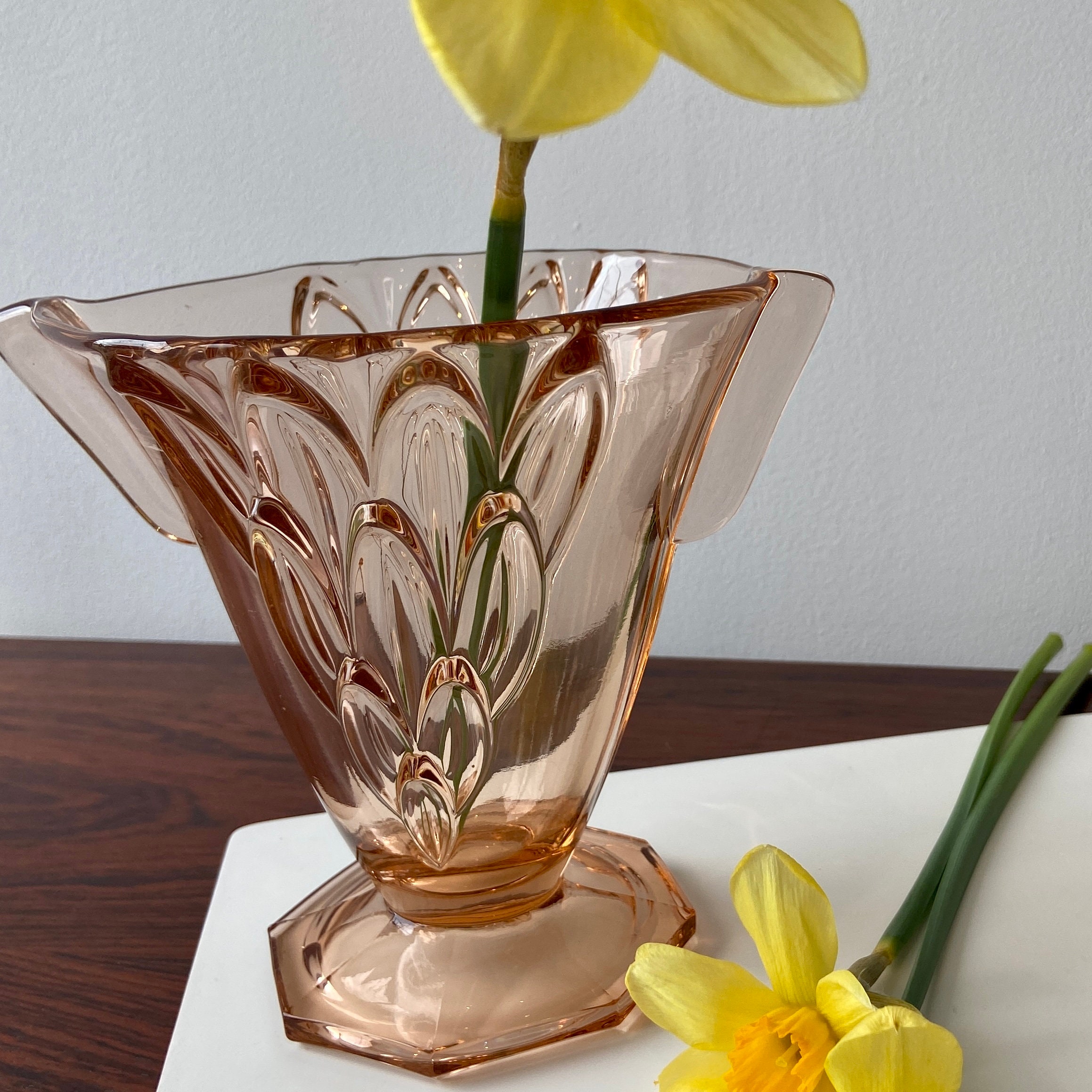Vintage Pink Glass Fan Vase Art Deco Cut Glass Etsy UK