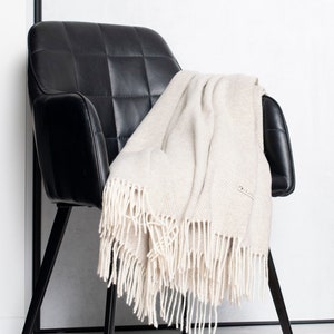 Merino Wool Plaid Throw: Soft Beige Blanket, Organic Gift