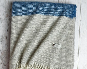 Pure wool blanket, Sofa blanket in light grey and blue, green and dark grey