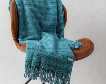 Merino wool throw blanket, Marine blue color, Woolen plaid, Gift idea, Home decor