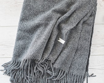 Extra quality merino wool throw blanket, Dark grey colour, with fringes, Wool Bedspread, Wool plaid, Eco, organic gift