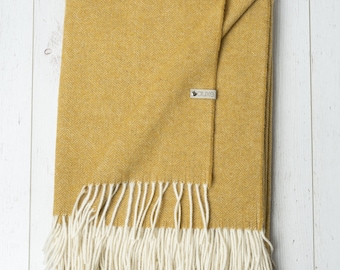 Mustard Merino Wool Throw Blanket with Fringes: Cosy Bedspread