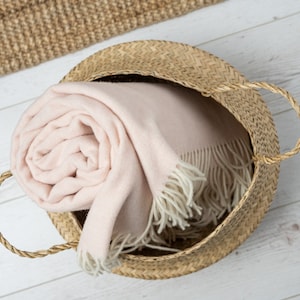 Manta de lana merino de alta calidad con cachemira, Rosa con flecos blancos, Colcha de lana, Cuadros de lana, Eco, Regalo de Navidad orgánico