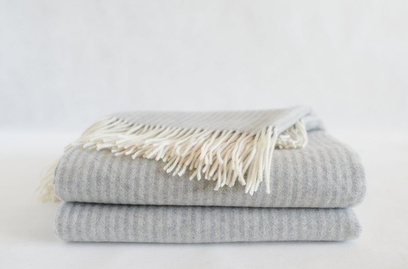 Merino wool throw blanket with cashmere, Striped, Light grey with fringes, Wool Bedspread, Wool plaid, Eco, organic gift image 3