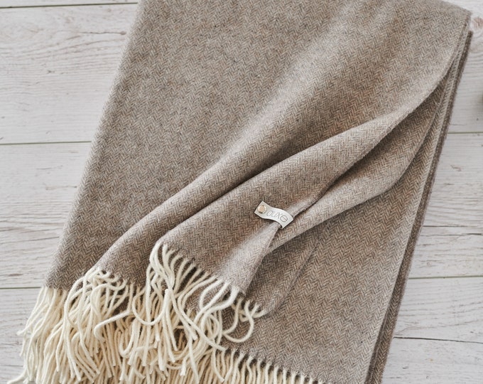 Extra quality merino wool throw blanket with cashmere, Brown with fringes, Wool Bedspread, Wool plaid, Eco, organic gift