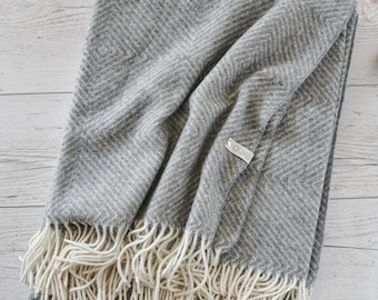 Grey Merino Wool Throw Blanket with Fringes: Eco Wool Bedspread
