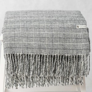 Grey Merino Wool Throw Blanket: Soft Knit with Fringe