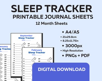 Sleep Tracker - 12x Digital Habit Tracker Bullet Journal Pages - Downloadable and Printable - A4 A5