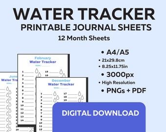 Water Tracker - 12x Digital Habit Tracker Bullet Journal Pages - Downloadable and Printable - A4 A5