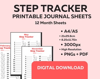 Step Tracker - 12x Digital Habit Tracker Bullet Journal Pages - Downloadable and Printable - A4 A5