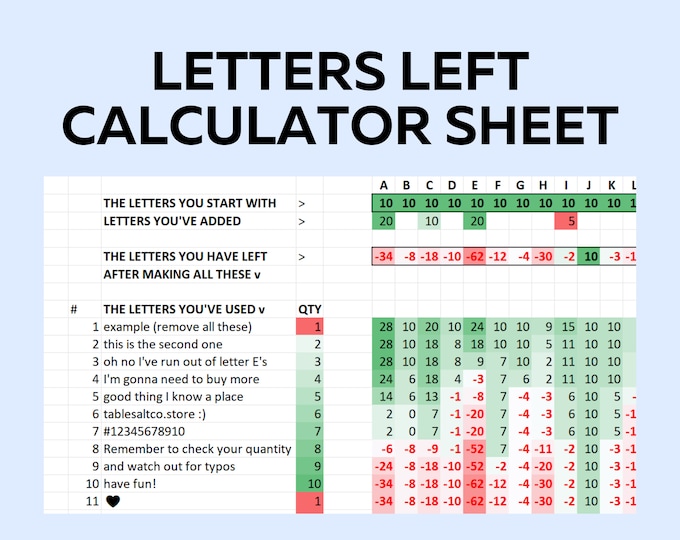 Featured listing image: Letters Left Calculator - Spreadsheet to figure out which letters you have left