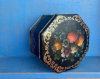 Vintage Metal tin Floral design crackled effect. Hexagonal vintage box with flowers. Vintage candy box. Tin box. English tin box.