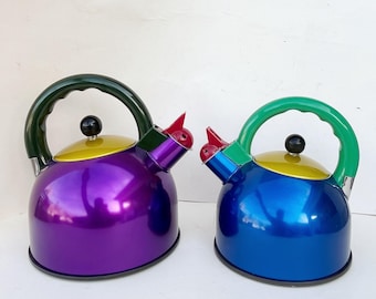 Vintage kettles from the 1980s, Memphis pop style, Japanese design. Yoshiharu Fuwa. Japanese-design kettle. Collectible kettles.